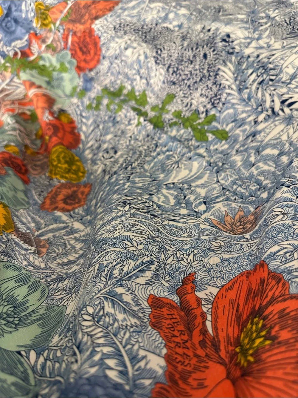Hermes Blue, White & Green Printed Silk Scarf